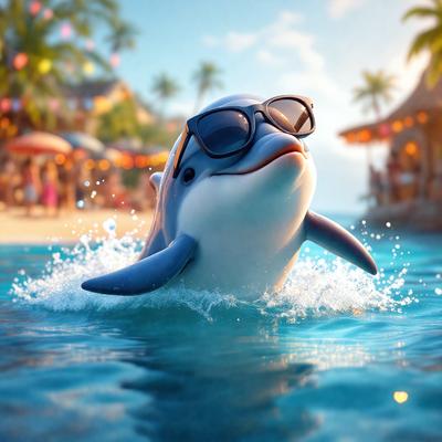 The primary subject of the image is a cartoon dolphin with sunglasses on, swimming in a blue ocean. The dolphin appears to be enjoying the water and is the main focus of the scene. The setting is a tropical beach, with a sandy shore visible in the background. The visual style is a digital art or illustration, giving the image a fun and playful atmosphere. The colors are predominantly blue, with the dolphin's sunglasses being a bright orange, adding